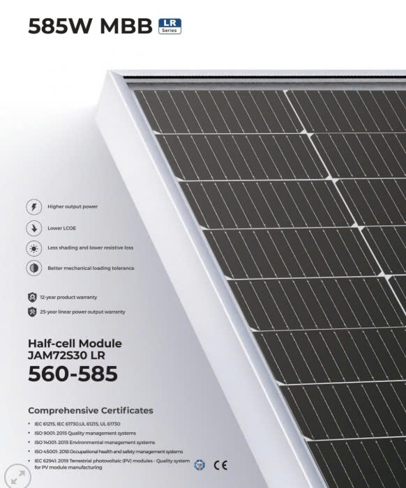Tấm pin năng lượng mặt trời JA Solar JAM72D40 585W